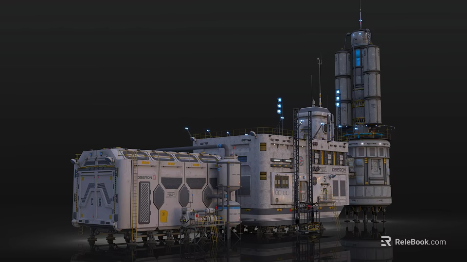Futuristic Space Station Building Featuring Metallic Towers Illuminated Blue Windows Hexagonal Patterns and External Pipes 3d model 