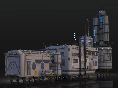 Futuristic Space Station Building Featuring Metallic Towers Illuminated Blue Windows Hexagonal Patterns and External Pipes 3d model