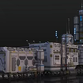 Futuristic Space Station Building Featuring Metallic Towers Illuminated Blue Windows Hexagonal Patterns and External Pipes