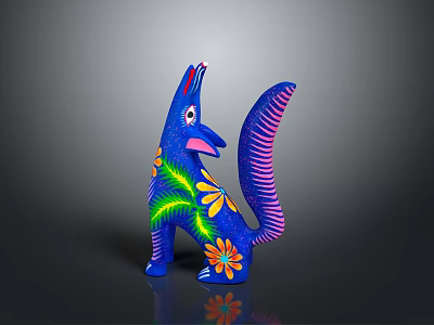 Blue Fox Shaped Decorative Figurine With Floral Patterns Green Leaves And Purple Pink Striped Tail 3d model