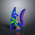 Blue Fox Shaped Decorative Figurine With Floral Patterns Green Leaves And Purple Pink Striped Tail