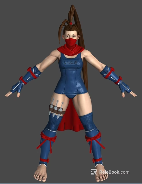 Female Warrior Character With Blue Bodysuit Red Scarf Blue Boots Red Straps And Leg Decoration 3d model 