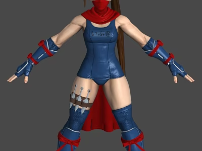 Female Warrior Character With Blue Bodysuit Red Scarf Blue Boots Red Straps And Leg Decoration 3d model