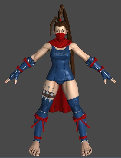 Female Warrior Character With Blue Bodysuit Red Scarf Blue Boots Red Straps And Leg Decoration 3d model