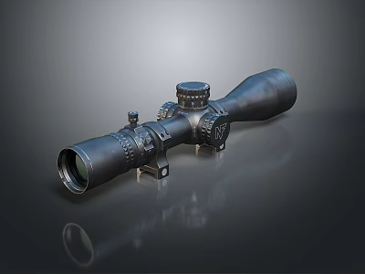 Black Tactical Rifle Scope Displayed On Dark Reflective Surface With Sharp Optics 3d model