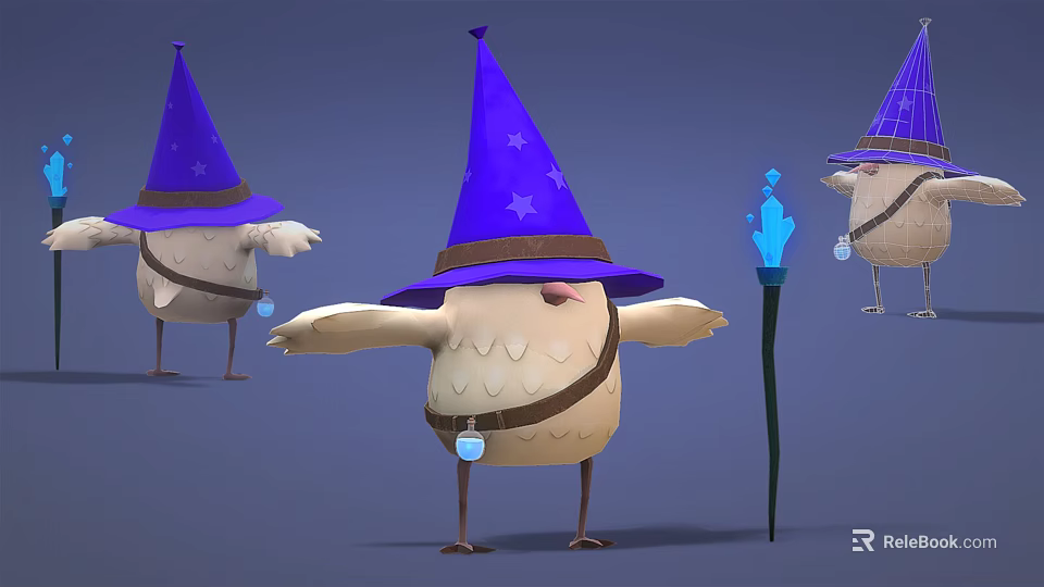 Adorable Wizard Bird Character With Purple Star Hat Backpack And Glowing Staff 3d model 