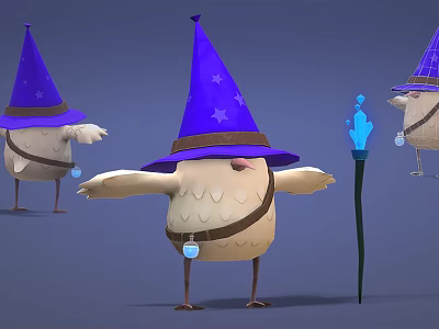 Adorable Wizard Bird Character With Purple Star Hat Backpack And Glowing Staff 3d model