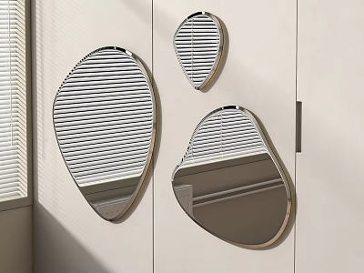 Three Irregular Striped Mirrors Hanging On Light Colored Wall With Shutters 3d model
