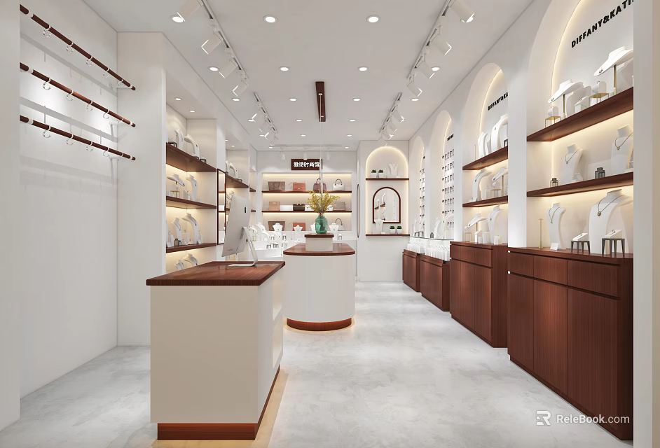 Modern Specialty Store Interior With Ceiling Lighting White Brown Counters Shelves And Central Display Stand 3d model 
