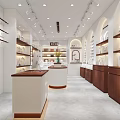 Modern Specialty Store Interior With Ceiling Lighting White Brown Counters Shelves And Central Display Stand