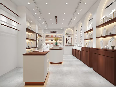Modern Specialty Store Interior With Ceiling Lighting White Brown Counters Shelves And Central Display Stand 3d model