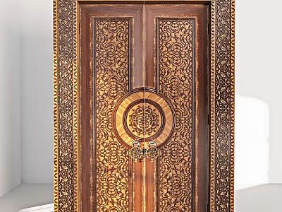 Wooden Security Door With Intricate Carved Patterns And Circular Decorative Design 3d model