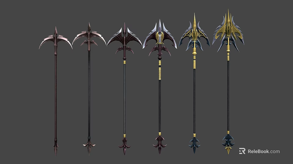 Fantasy Pole Weapons With Various Designs And Metallic Decorative Elements 3d model 