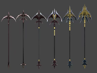 Fantasy Pole Weapons With Various Designs And Metallic Decorative Elements 3d model