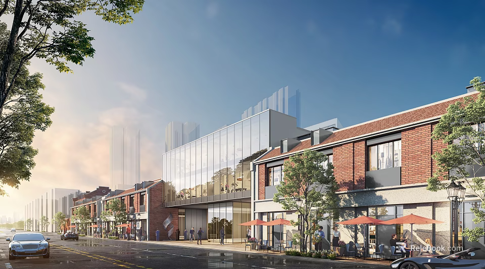 Vibrant Commercial Street With Traditional Red Brick And Modern Glass Buildings Outdoor Dining Seats 3d model 