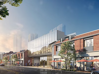 Vibrant Commercial Street With Traditional Red Brick And Modern Glass Buildings Outdoor Dining Seats 3d model