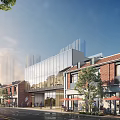 Vibrant Commercial Street With Traditional Red Brick And Modern Glass Buildings Outdoor Dining Seats