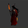Demonic Fantasy Woman with Horns Flaming Wings and Fiery Weapon in Dark Outfit