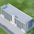 Modern Office Building With Light Gray White Exterior Large Windows Green Lawn And Blue Sky