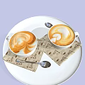 Two Cups of Coffee With Heart Shaped Foam Art On White Plate And Napkins Spoon