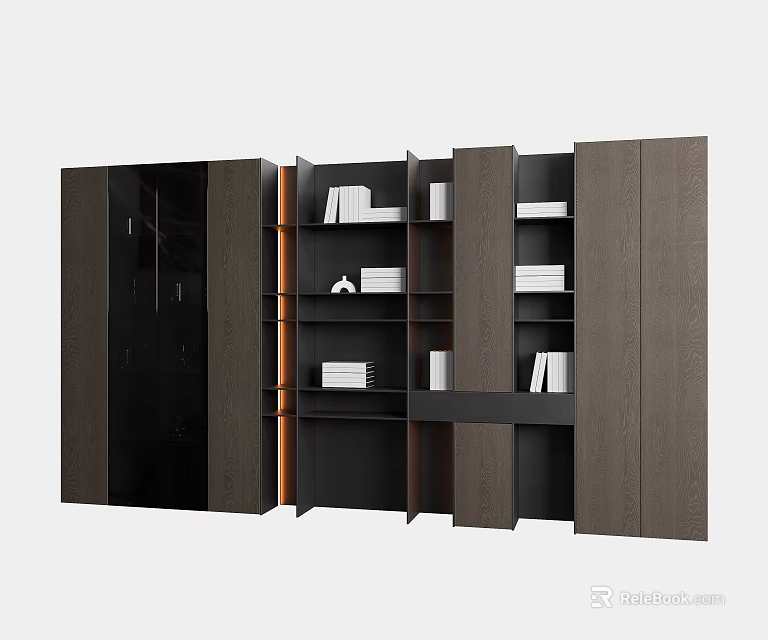 Modern Minimalist Bookcase Interior Design with Wooden Shelves Glass Doors and Decorative Items 3d model 