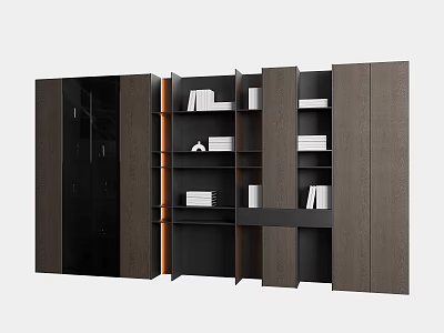 Modern Minimalist Bookcase Interior Design with Wooden Shelves Glass Doors and Decorative Items 3d model