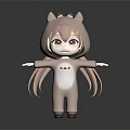 Cartoon Game Character 3D Model With Animal Onesie Cat Ears And Brown Hair