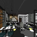 Modern Hotpot Restaurant Interior With Marble Tables Chairs And Decorative Paintings