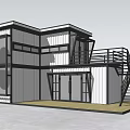 Modern Container Building With White Black Exterior Circular Windows And Staircase 3d model