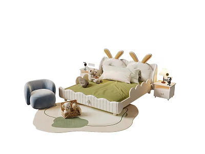 Cute Kids Bed With Rabbit Ear Design Green Mattress White Frame Blue Chair And Stuffed Toys 3d model