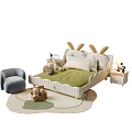 Cute Kids Bed With Rabbit Ear Design Green Mattress White Frame Blue Chair And Stuffed Toys