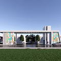 Modern Entrance Gate Design With Colorful Glass Columns White Roof Green Trees And Blue Sky