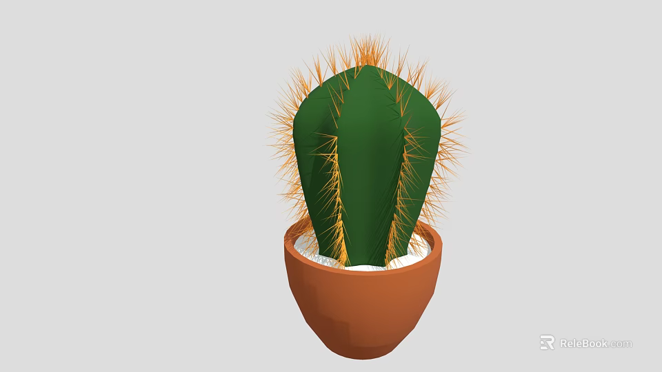 Green Cactus Plant with Yellow Spines in Brown Pot and White Pebbles 3d model 