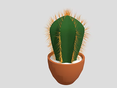 Green Cactus Plant with Yellow Spines in Brown Pot and White Pebbles 3d model