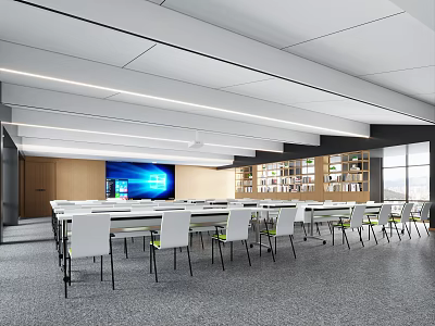 School Modern Classroom With White Desks Large Screen Bookshelves And Bright Lighting 3d model
