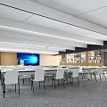School Modern Classroom With White Desks Large Screen Bookshelves And Bright Lighting