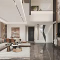Modern Duplex Living Room Interior Design With High Ceiling Staircase Sofa And Decorative Painting