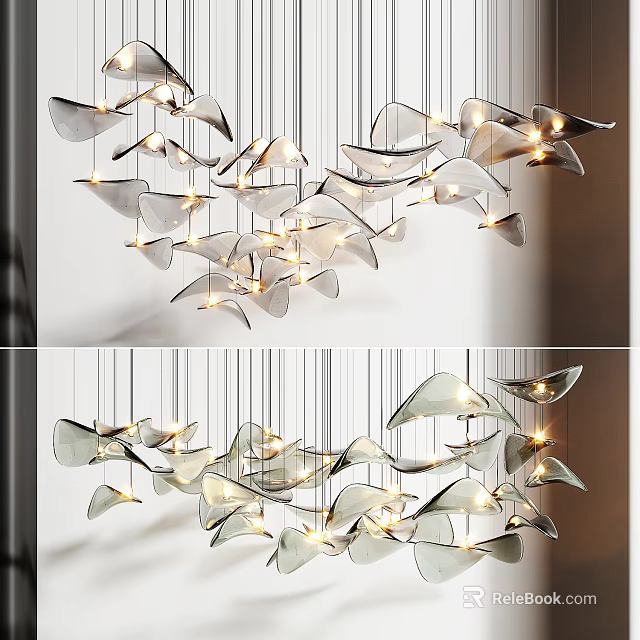 Modern Chandelier with Multiple Leaf Shaped Metallic Pieces and Illuminated Warm Glow for Contemporary Interiors 3d model 