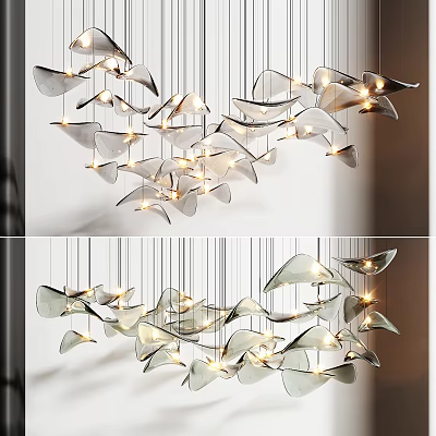 Modern Chandelier with Multiple Leaf Shaped Metallic Pieces and Illuminated Warm Glow for Contemporary Interiors 3d model