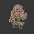Pink Flowering Bonsai Tree With Green Leaves Brown Trunk In Square Pot