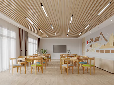 Bright Classroom Interior With Wooden Furniture And Wall Art 3d model
