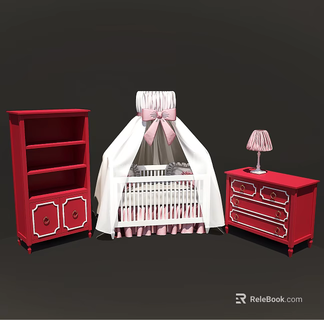 White Baby Crib With Pink Bow Canopy Red Bookshelf Dresser And Table Lamp 3d model 
