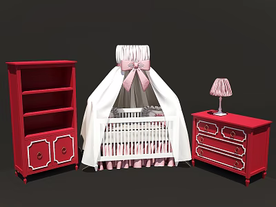 White Baby Crib With Pink Bow Canopy Red Bookshelf Dresser And Table Lamp 3d model
