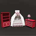 White Baby Crib With Pink Bow Canopy Red Bookshelf Dresser And Table Lamp