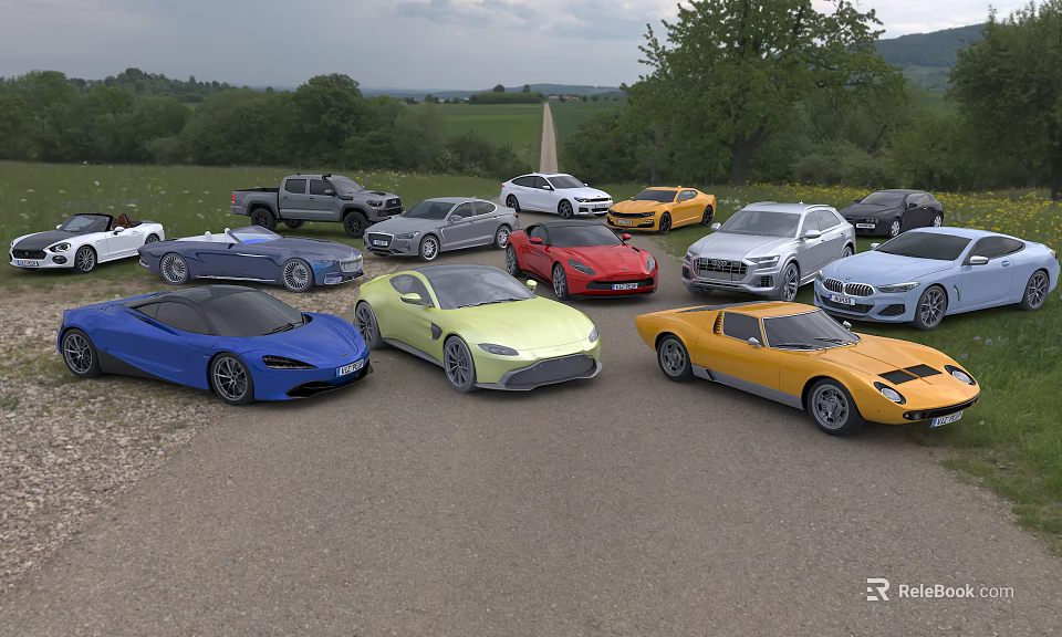 Various Cars Including Sports Cars SUVs and Trucks Parked in Outdoor Grassland With Trees 3d model 