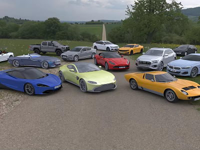 Various Cars Including Sports Cars SUVs and Trucks Parked in Outdoor Grassland With Trees 3d model