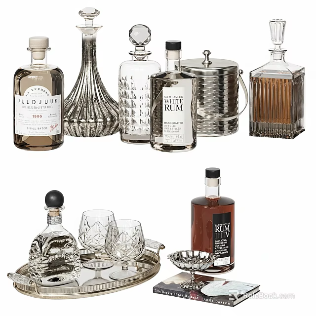 Elegant Decorative Ornament Set With Rum Bottles Crystal Glasses And Metal Ice Bucket 3d model 