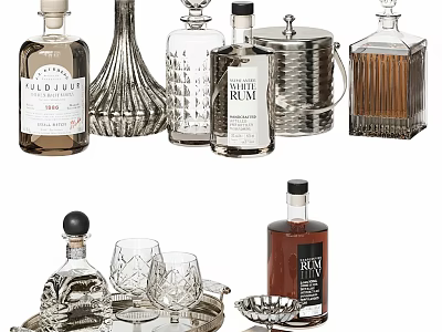 Elegant Decorative Ornament Set With Rum Bottles Crystal Glasses And Metal Ice Bucket 3d model