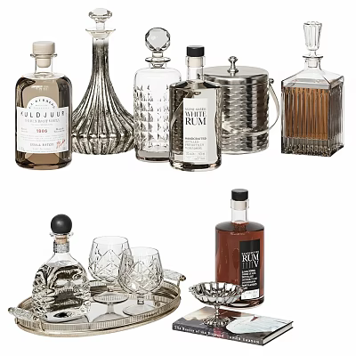 Elegant Decorative Ornament Set With Rum Bottles Crystal Glasses And Metal Ice Bucket 3d model