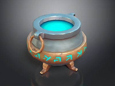 Ornate Cauldron Shaped Sculpture With Blue Interior Ring Handle And Carved Patterns 3d model